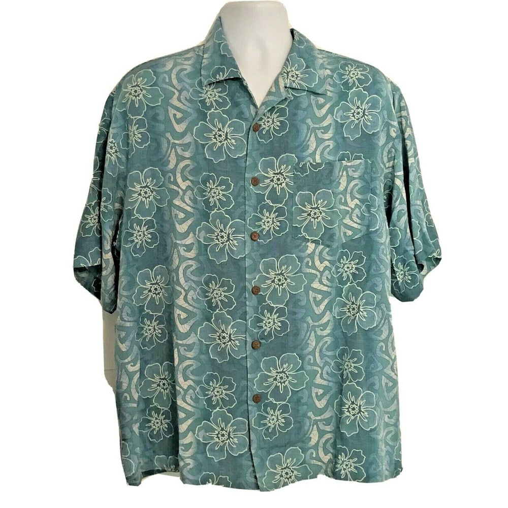 Men's Hawaiian Shirt Silk THREE PALMS BRAND Blues Batik Floral Size M/L